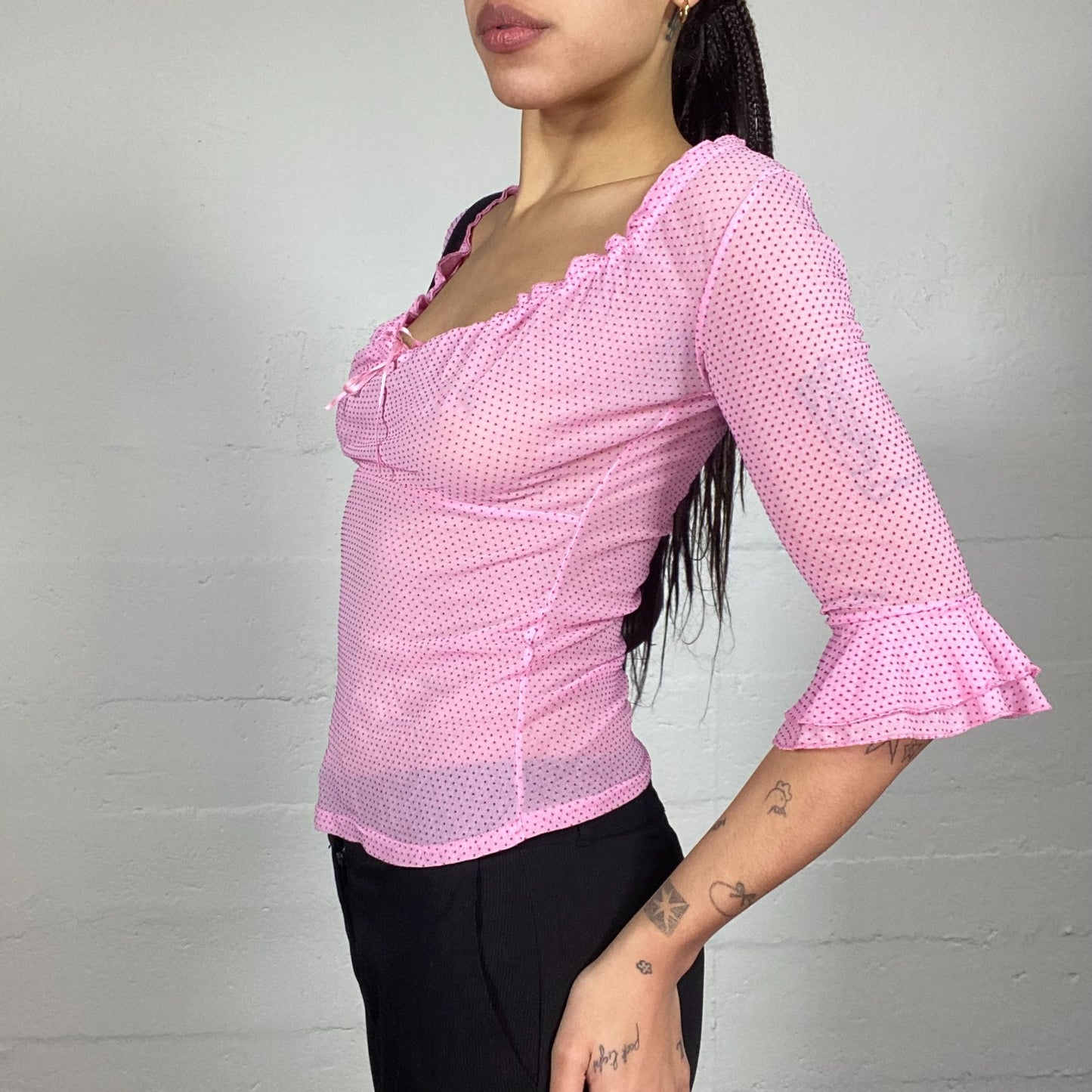 Vintage 2000's Totally Spies Pink Top with Black Polkadot Print (S)