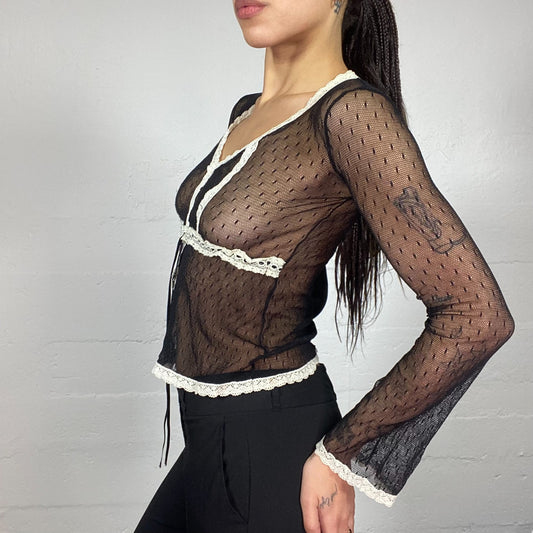 Vintage 2000's Coquette Black Mesh Top with White Lace Trim Detail (S)