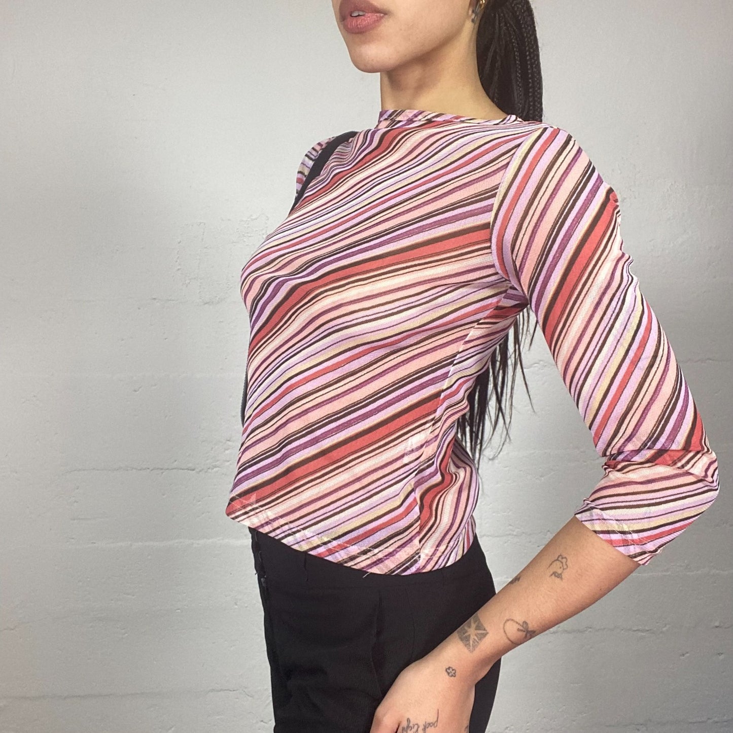 Vintage 2000's Totally Spies Pink See Through Top with Stripes Print (S)