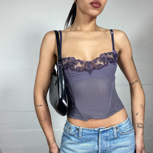 Vintage 2000's Lingerie Grey Bustier Top with Mesh Lace Chest Covering (S)
