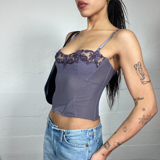Vintage 2000's Lingerie Grey Bustier Top with Mesh Lace Chest Covering  (S)