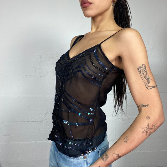 Vintage 2000's Clubwear Black Mesh Top with Sequins Decorative Linings Detail  (S/M)