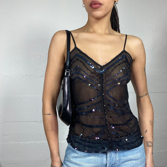 Vintage 2000's Clubwear Black Mesh Top with Sequins Decorative Linings Detail  (S/M)