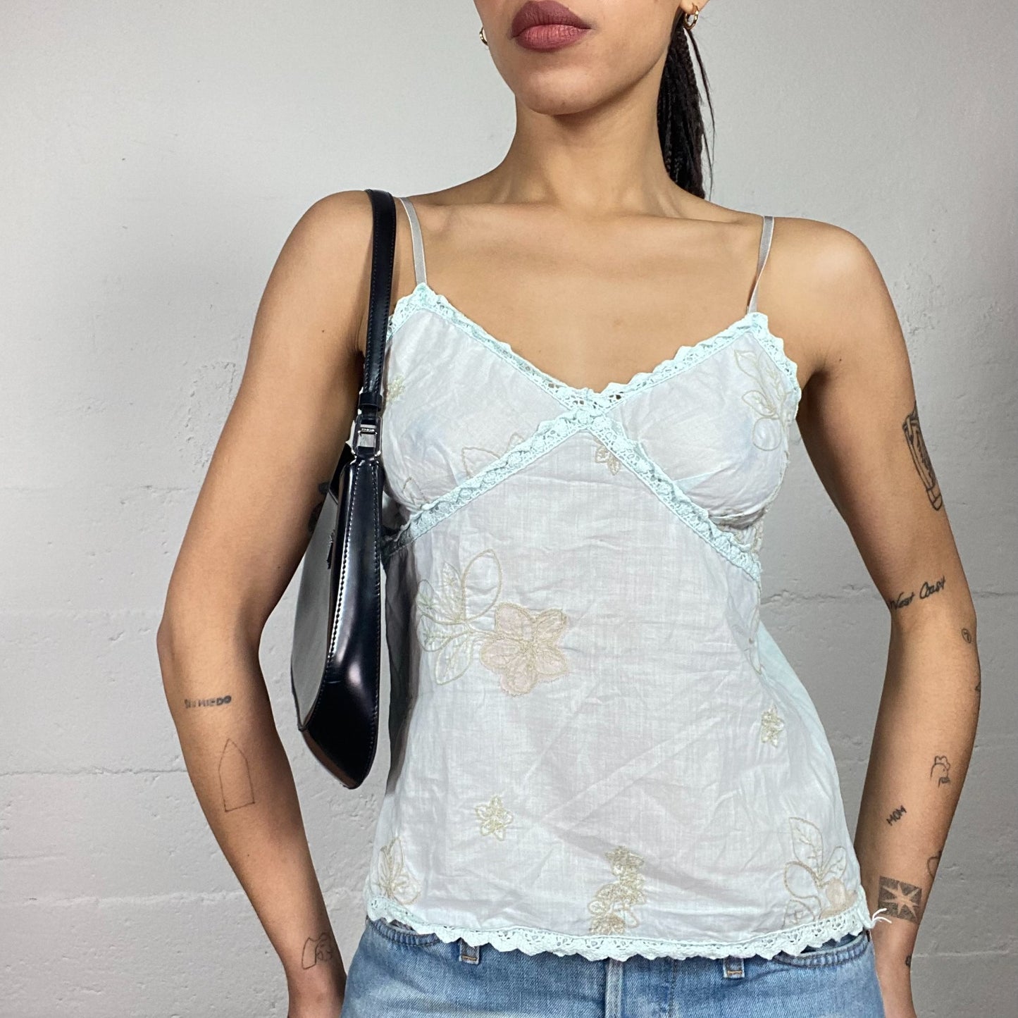 Vintage 2000's Downtown Girl White See Through Blouse Top with Floral Print  (S)