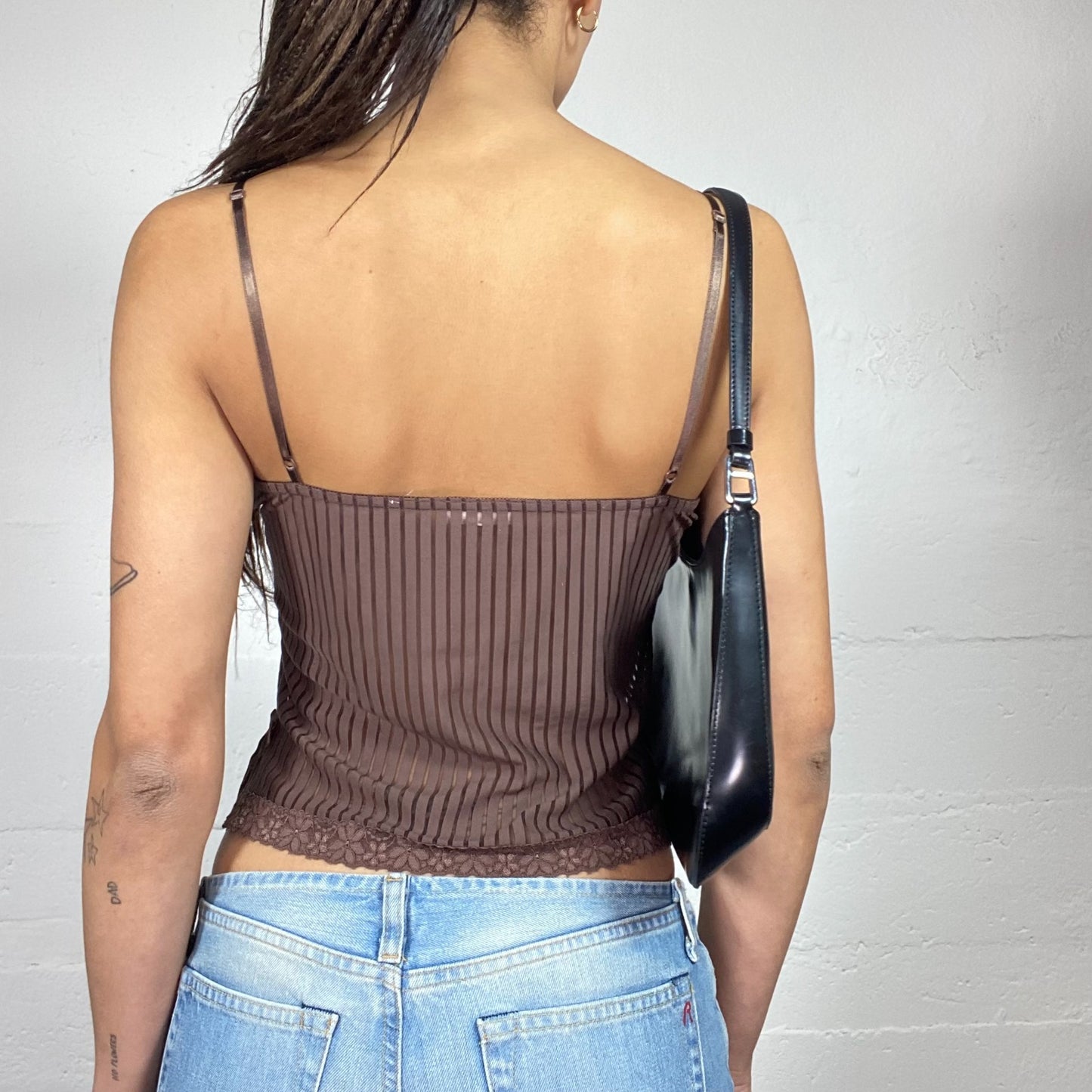 Vintage 2000's Lingerie Brown Mesh Cami Top with Pinestripes Print  (S)