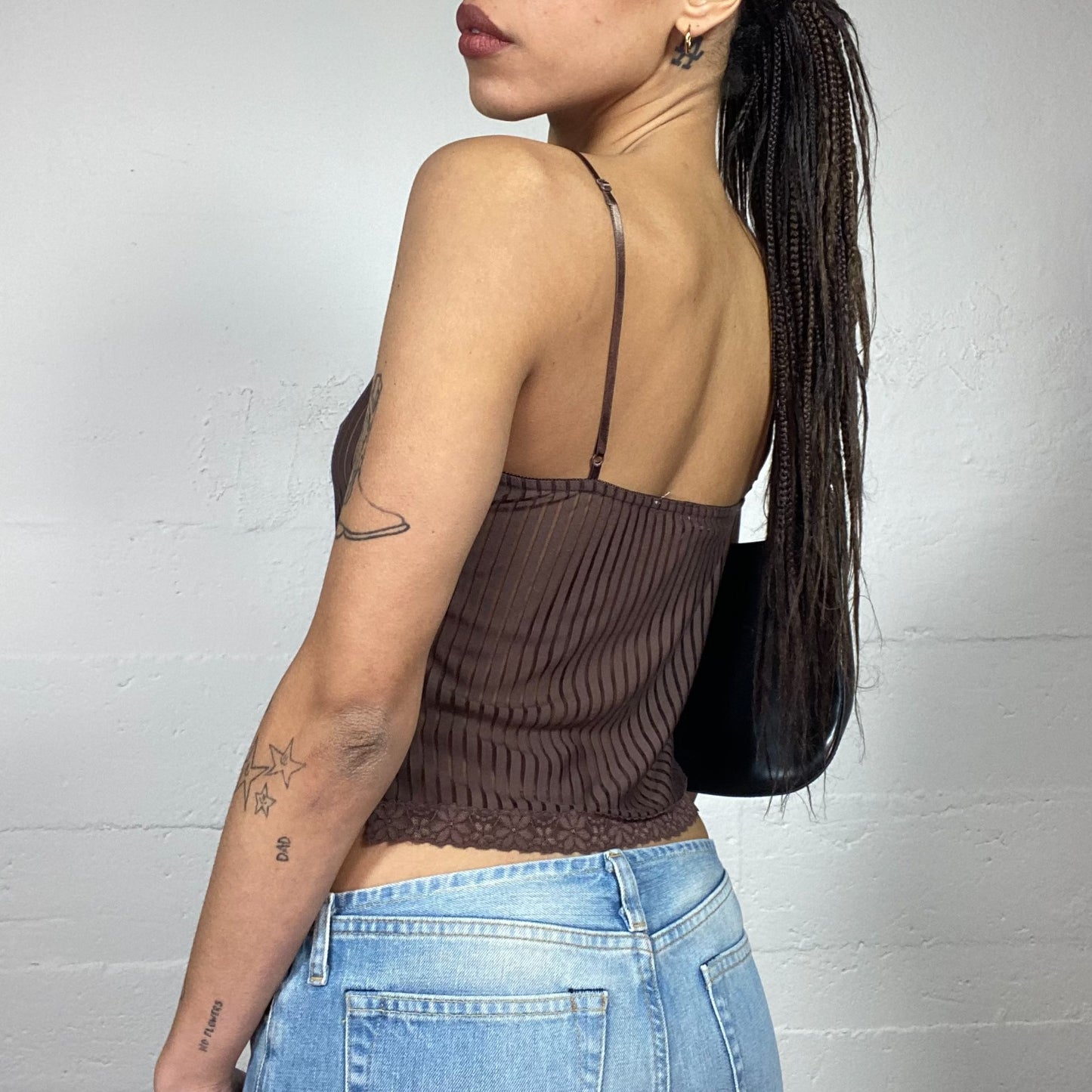 Vintage 2000's Lingerie Brown Mesh Cami Top with Pinestripes Print  (S)