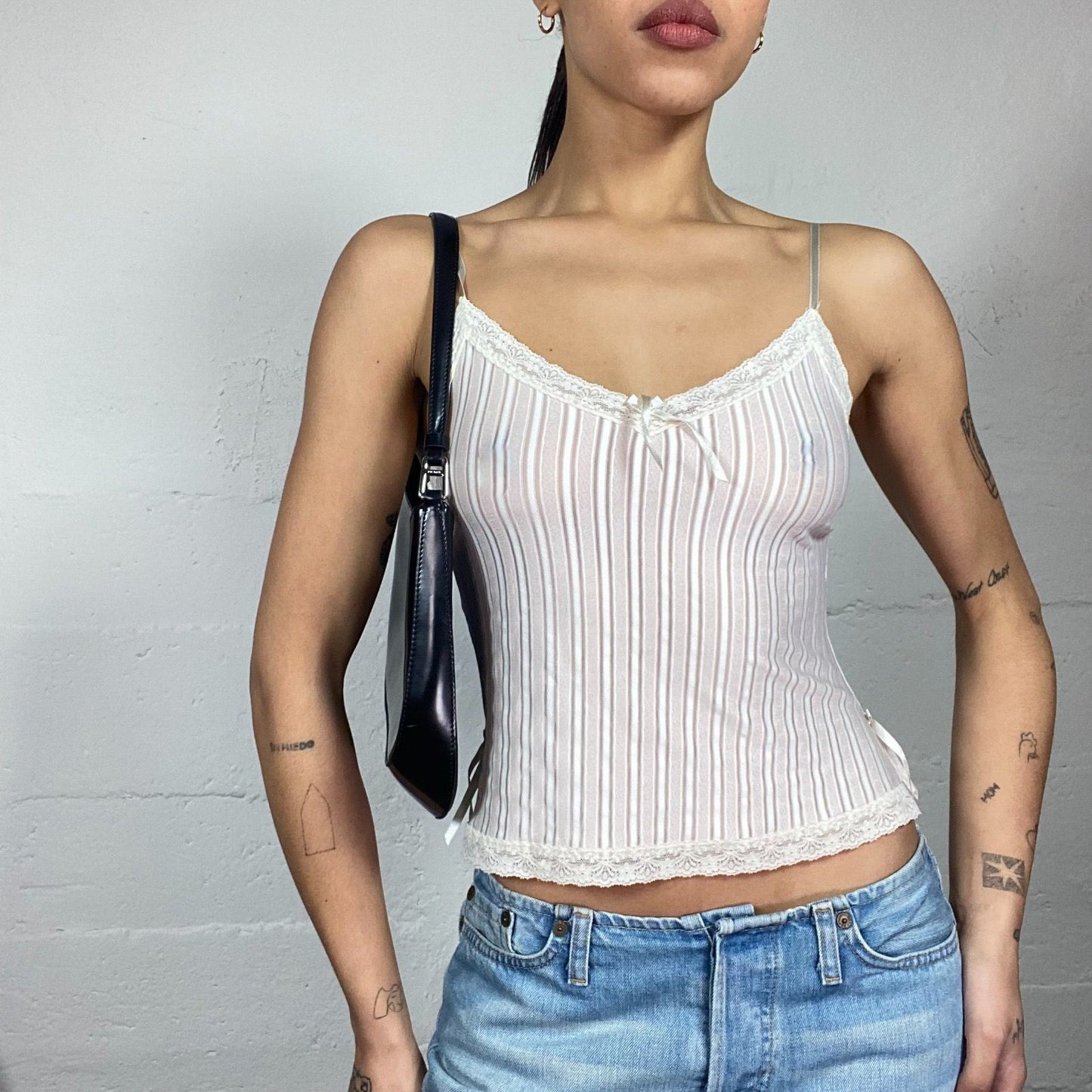 Vintage 2000's Lingerie White and Beige See Through Cami Top with Pinestripes Print  (S)