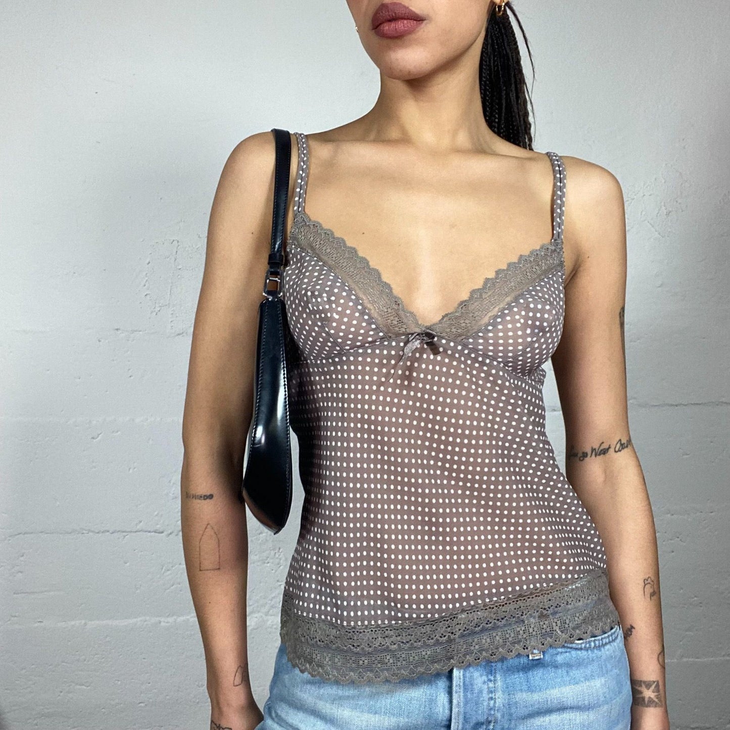 Vintage 2000's Lingerie Brown Mesh Cami Top with White Polkadots Print  (S)