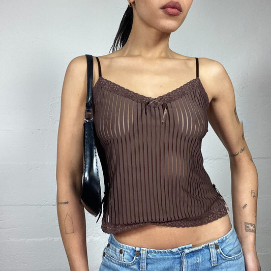 Vintage 2000's Lingerie Brown Mesh Cami Top with Pinestripes Print  (S)