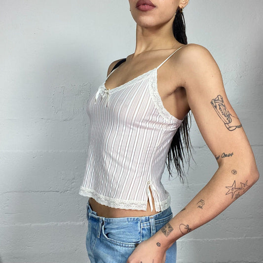 Vintage 2000's Lingerie White and Beige See Through Cami Top with Pinestripes Print  (S)