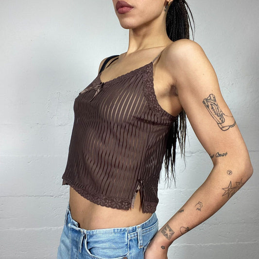 Vintage 2000's Lingerie Brown Mesh Cami Top with Pinestripes Print  (S)