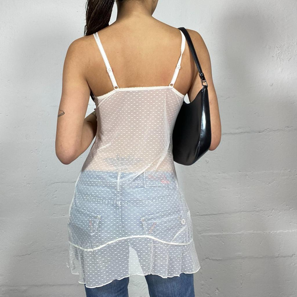 Vintage 2000's Coquette White Mesh Long Top with Floral Embroidery Lace Work Detail (S/M)