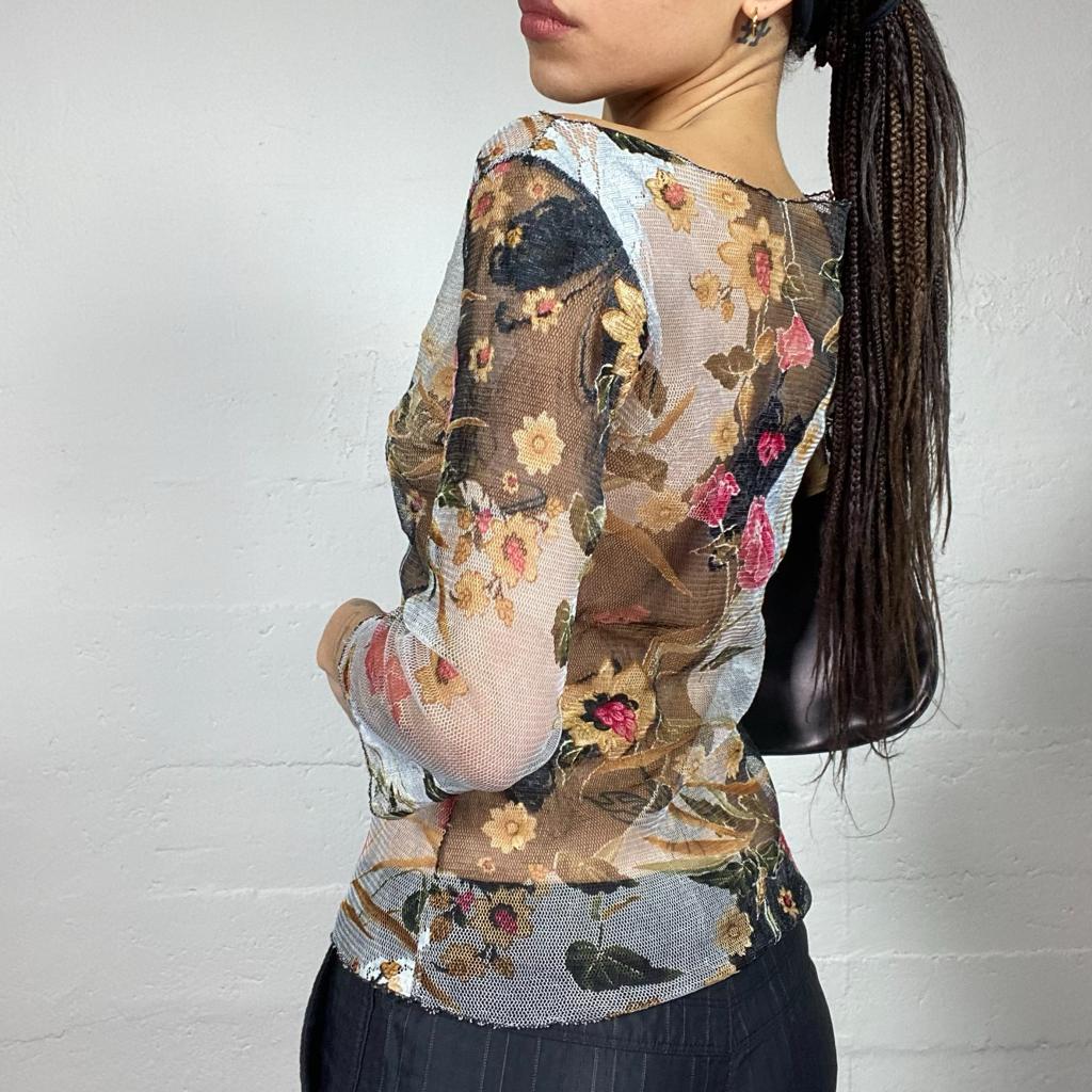 Vintage 2000's Classic Black and red Longsleeve Mesh Top with Floral Print (M)