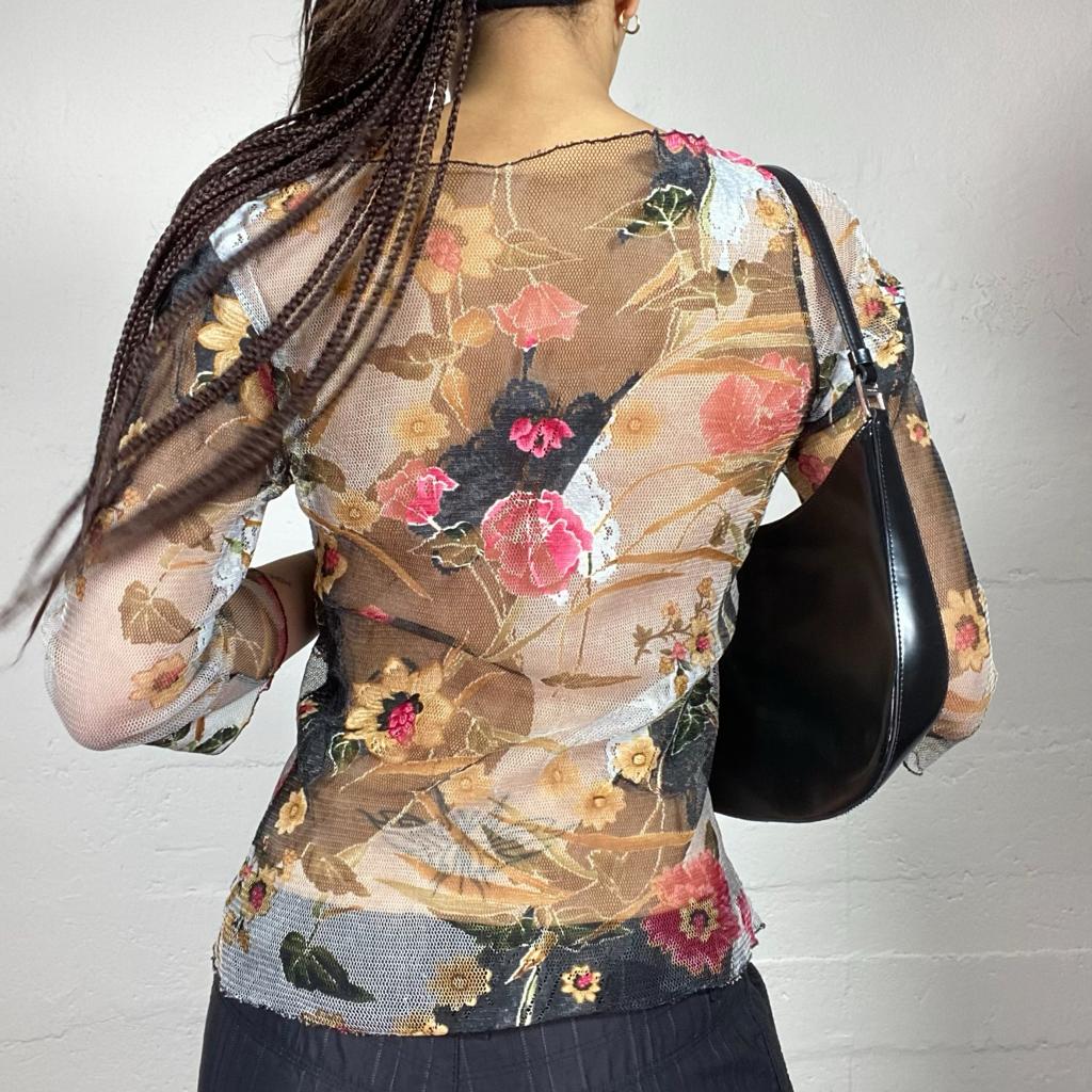 Vintage 2000's Classic Black and red Longsleeve Mesh Top with Floral Print (M)