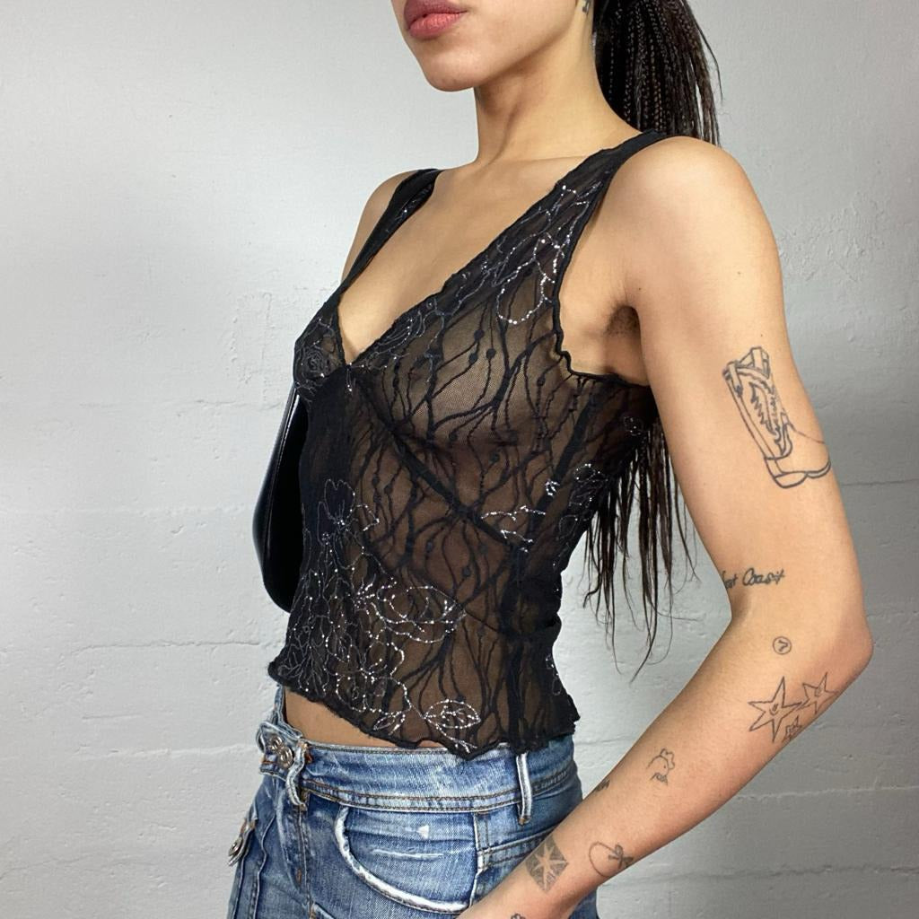 Vintage 2000's Clubwear Black Mesh Top with Floral Sequins Print (S)