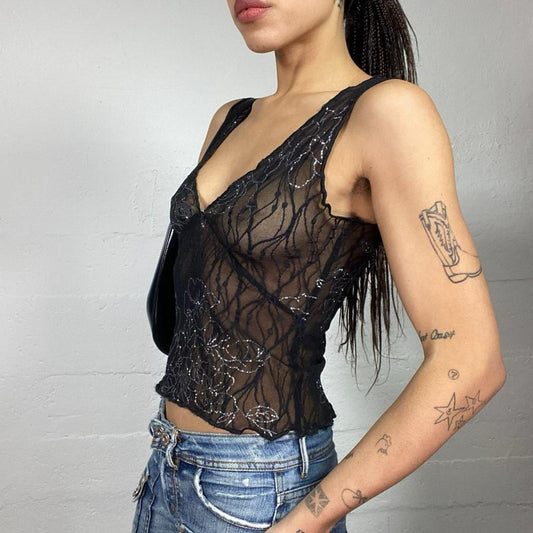 Vintage 2000's Clubwear Black Mesh Top with Floral Sequins Print (S)