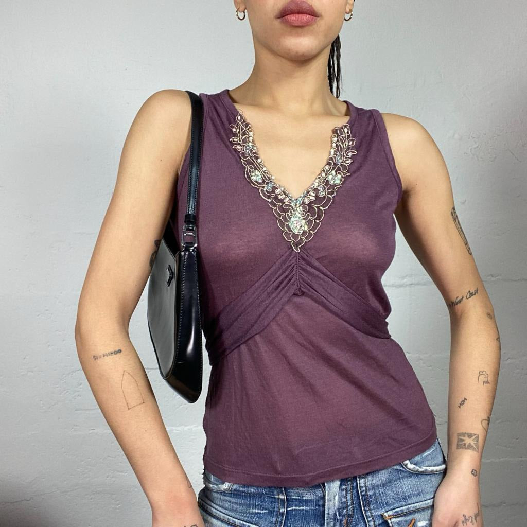 Vintage 2000's Festive Garnet See Through Crossed Top with Rhinestones Neckline Work Detail (S)