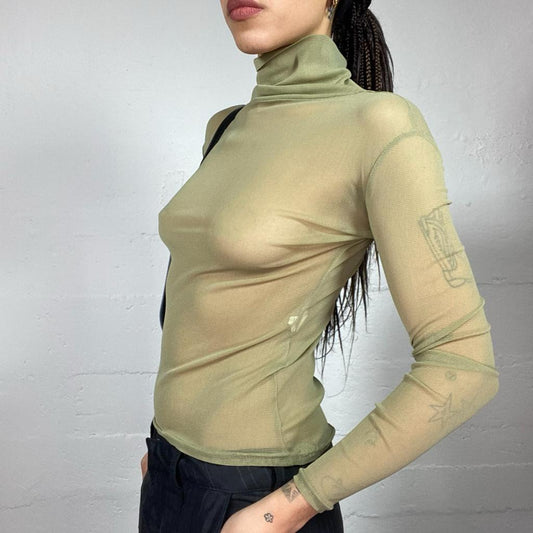 Vintage 2000's Clubwear Olive Green Turtleneck Mesh Top (S)