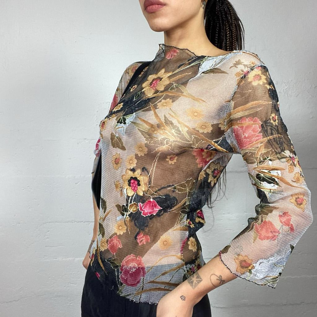 Vintage 2000's Classic Black and red Longsleeve Mesh Top with Floral Print (M)