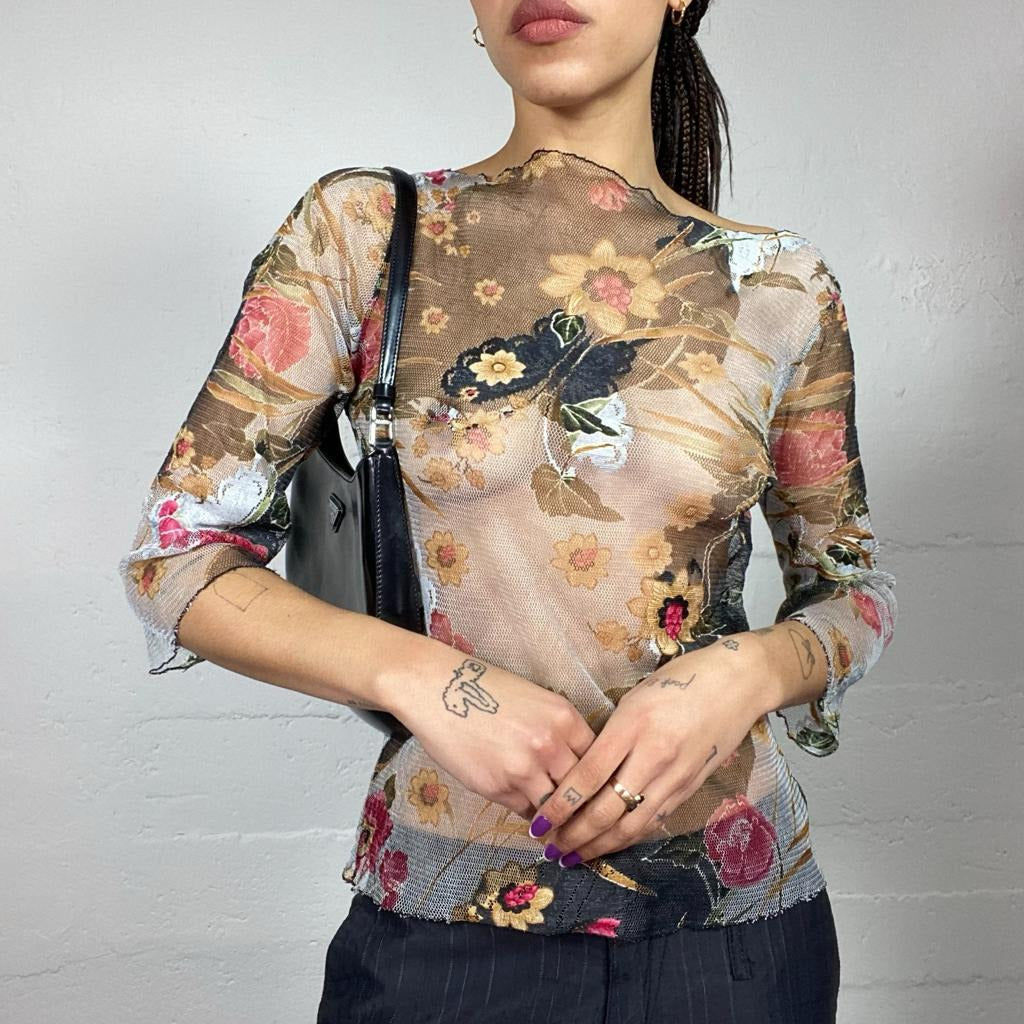 Vintage 2000's Classic Black and red Longsleeve Mesh Top with Floral Print (M)