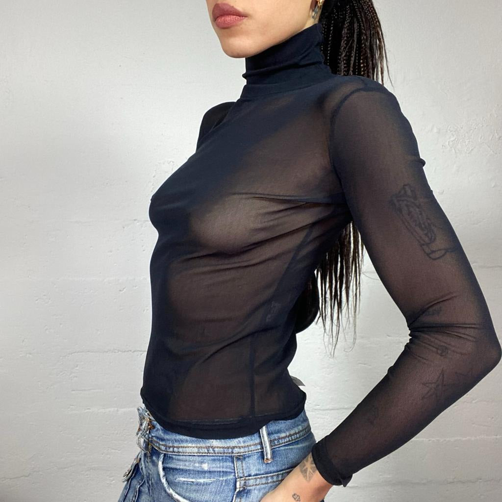 Vintage 2000's Clubwear Black Turtleneck Mesh Top (S)