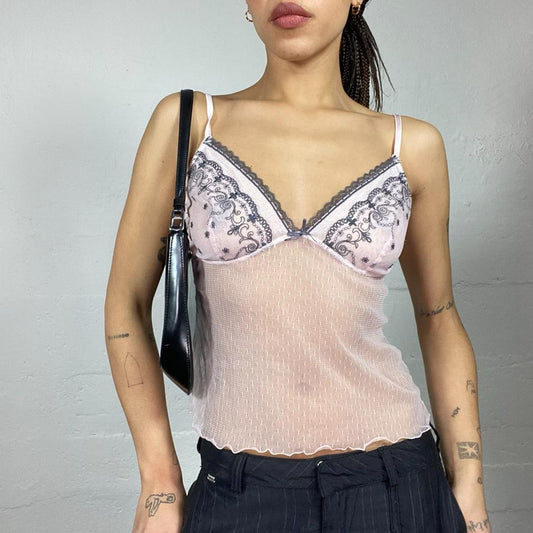 Vintage 2000's Coquette White Mesh Top with Black Lace Detail (S)