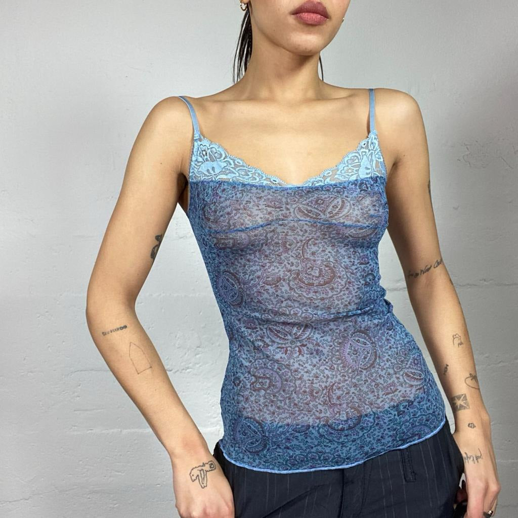 Vintage 2000's Sage Blue Mesh Top with Paisley Print and Lace Detail (S)