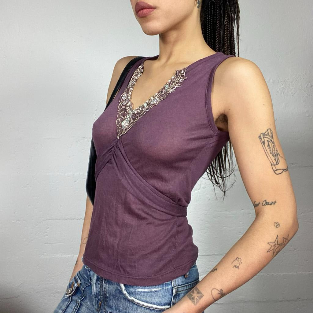 Vintage 2000's Festive Garnet See Through Crossed Top with Rhinestones Neckline Work Detail (S)