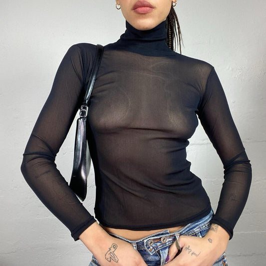 Vintage 2000's Clubwear Black Turtleneck Mesh Top (S)