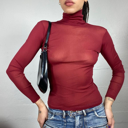 Vintage 2000's Clubwear Garnet Turtleneck Mesh Top (S)