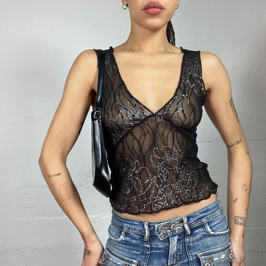 Vintage 2000's Clubwear Black Mesh Top with Floral Sequins Print (S)