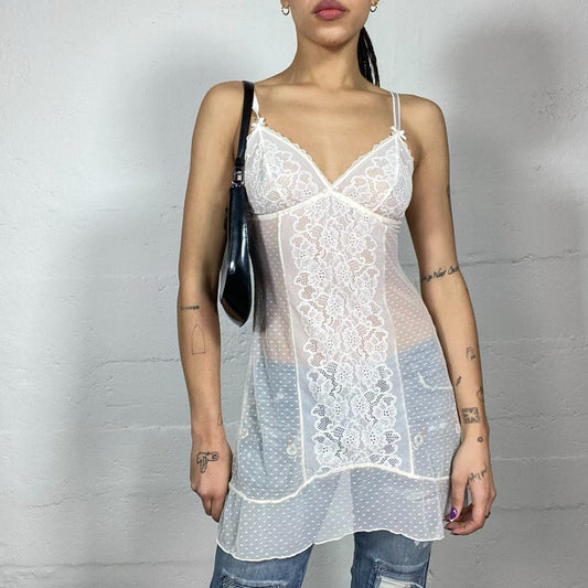 Vintage 2000's Coquette White Mesh Long Top with Floral Embroidery Lace Work Detail (S/M)