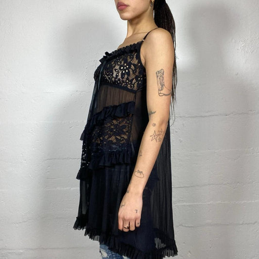 Vintage 2000's Coquette Black Mesh Long Top with Floral Embroidery Work Detail (M)