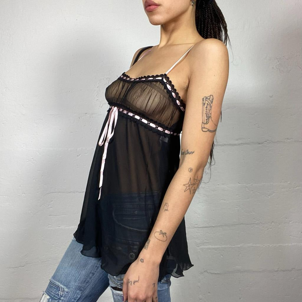 Vintage 2000's Coquette Black Mesh Top with Pink Satin Lace Ribbon Detail (S/M)
