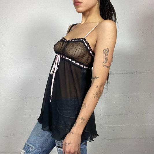 Vintage 2000's Coquette Black Mesh Top with Pink Satin Lace Ribbon Detail (S/M)
