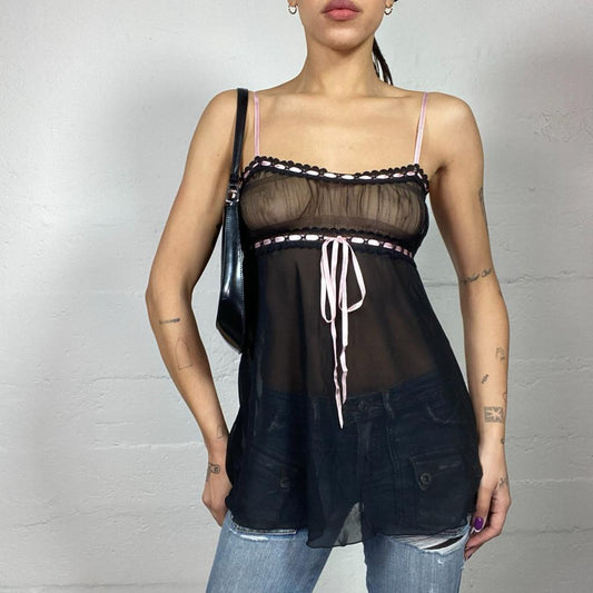 Vintage 2000's Coquette Black Mesh Top with Pink Satin Lace Ribbon Detail (S/M)