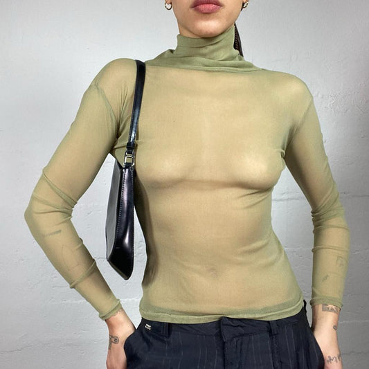 Vintage 2000's Clubwear Olive Green Turtleneck Mesh Top (S)