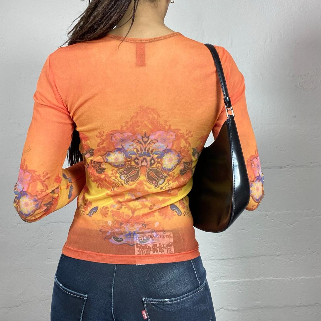 Vintage 90's Downtown Girl Orange Mesh Longsleeve Top with Ethnic Print (S)