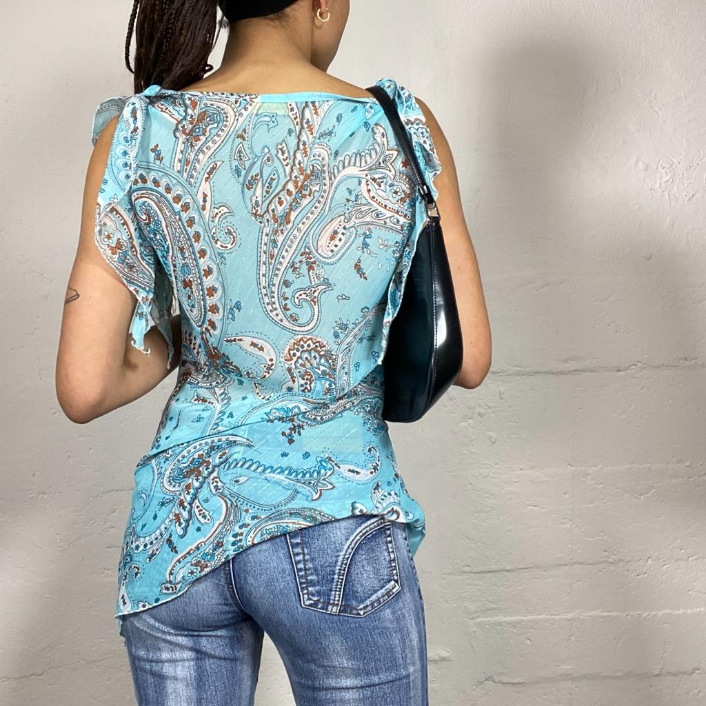 Vintage 90's Downtown Girl Aqua Blue Mesh Blouse Top with Paisley Print (S/M)