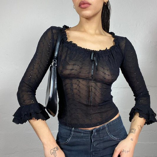 Vintage 90's Vamp Goth Black Mesh Longsleeve Blouse Top (S/M)