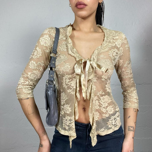 Vintage 90's English It Girl Champagne Mesh Lace Up Cardigan Top with Floral Lace Material (S/M)