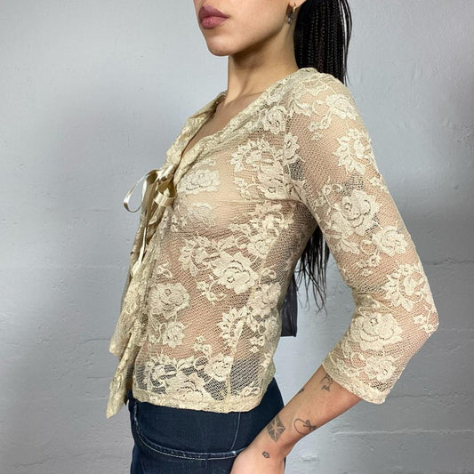 Vintage 90's English It Girl Champagne Mesh Lace Up Cardigan Top with Floral Lace Material (S/M)