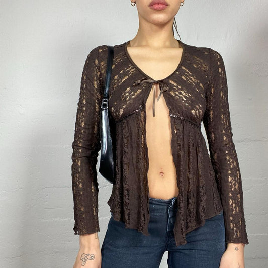 Vintage 90's English It Girl Brown Mesh lace Up Cardigan Top with Crochet Work Material (S/M)