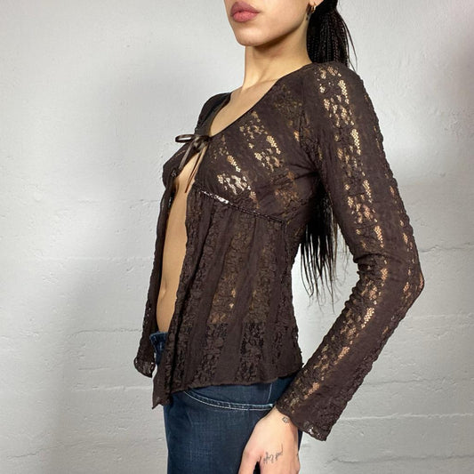 Vintage 90's English It Girl Brown Mesh lace Up Cardigan Top with Crochet Work Material (S/M)