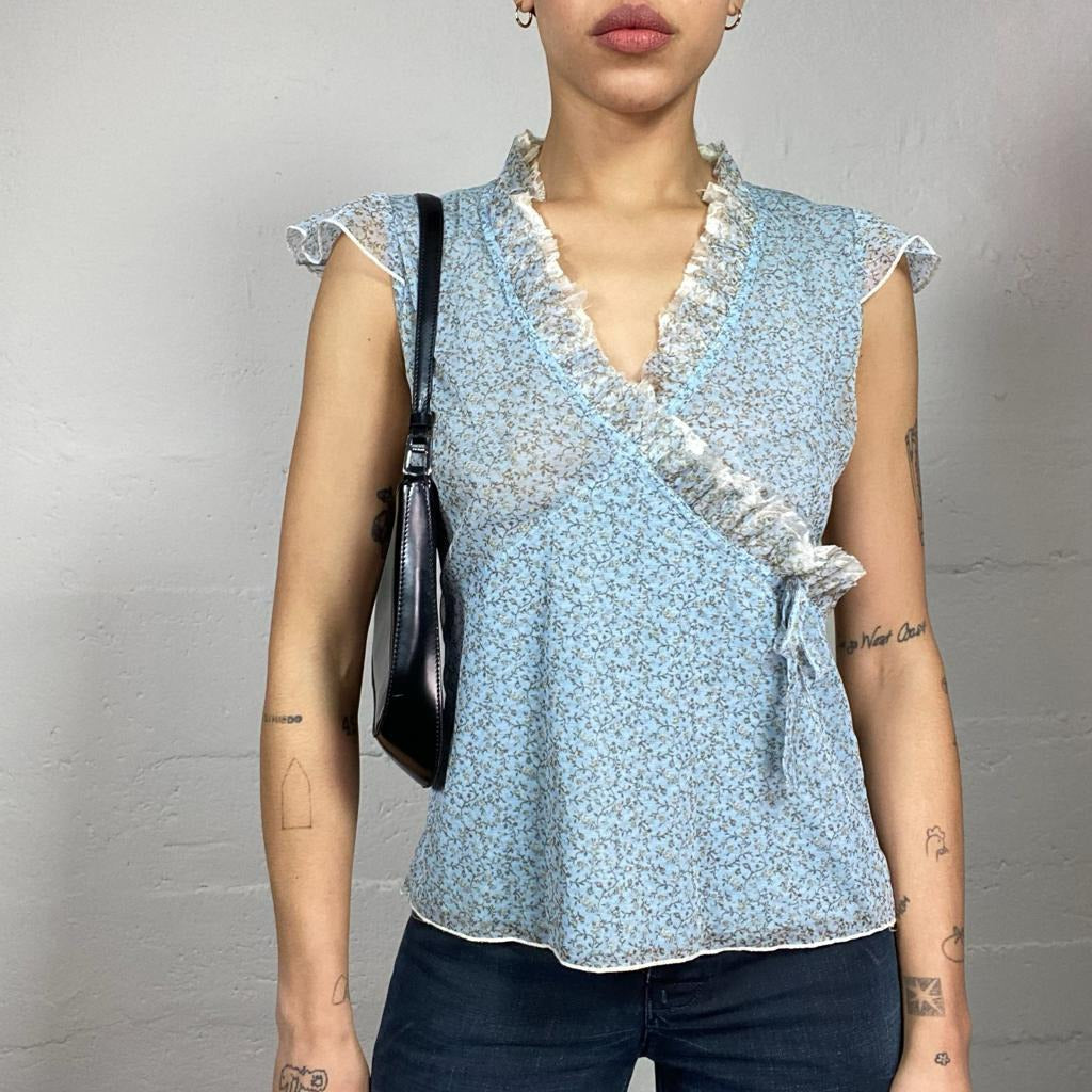 Vintage 90's Soft Girl Baby Blue Mesh Blouse Top with Floral Print (S/M)