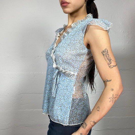 Vintage 90's Soft Girl Baby Blue Mesh Blouse Top with Floral Print (S/M)