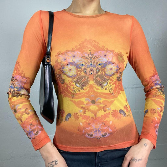 Vintage 90's Downtown Girl Orange Mesh Longsleeve Top with Ethnic Print (S)