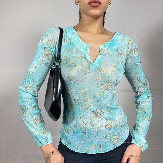 Vintage 90's Downtown Girl Aqua Blue Mesh Longsleeve Blouse Top with Floral Print (S/M)