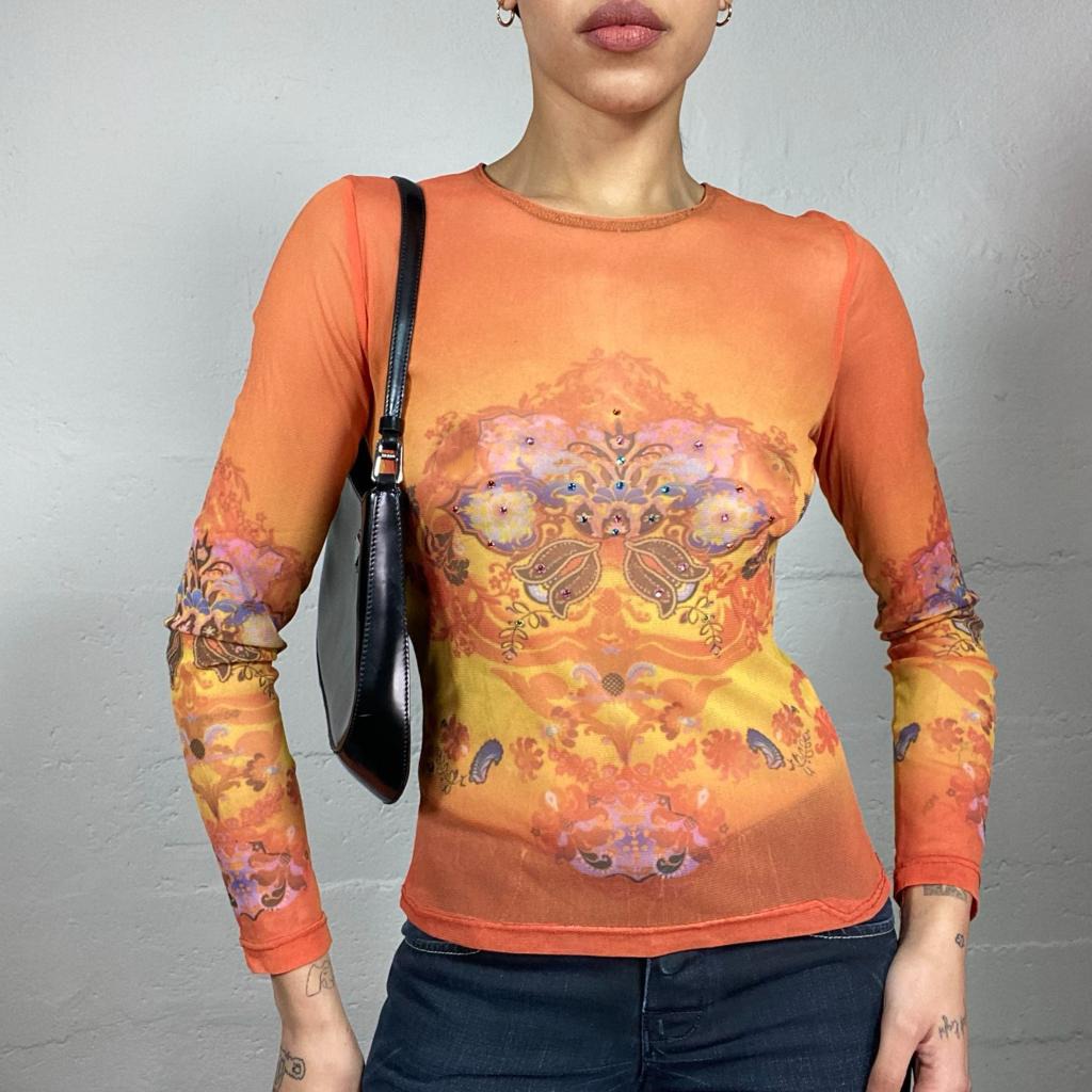 Vintage 90's Downtown Girl Orange Mesh Longsleeve Top with Ethnic Print (S)