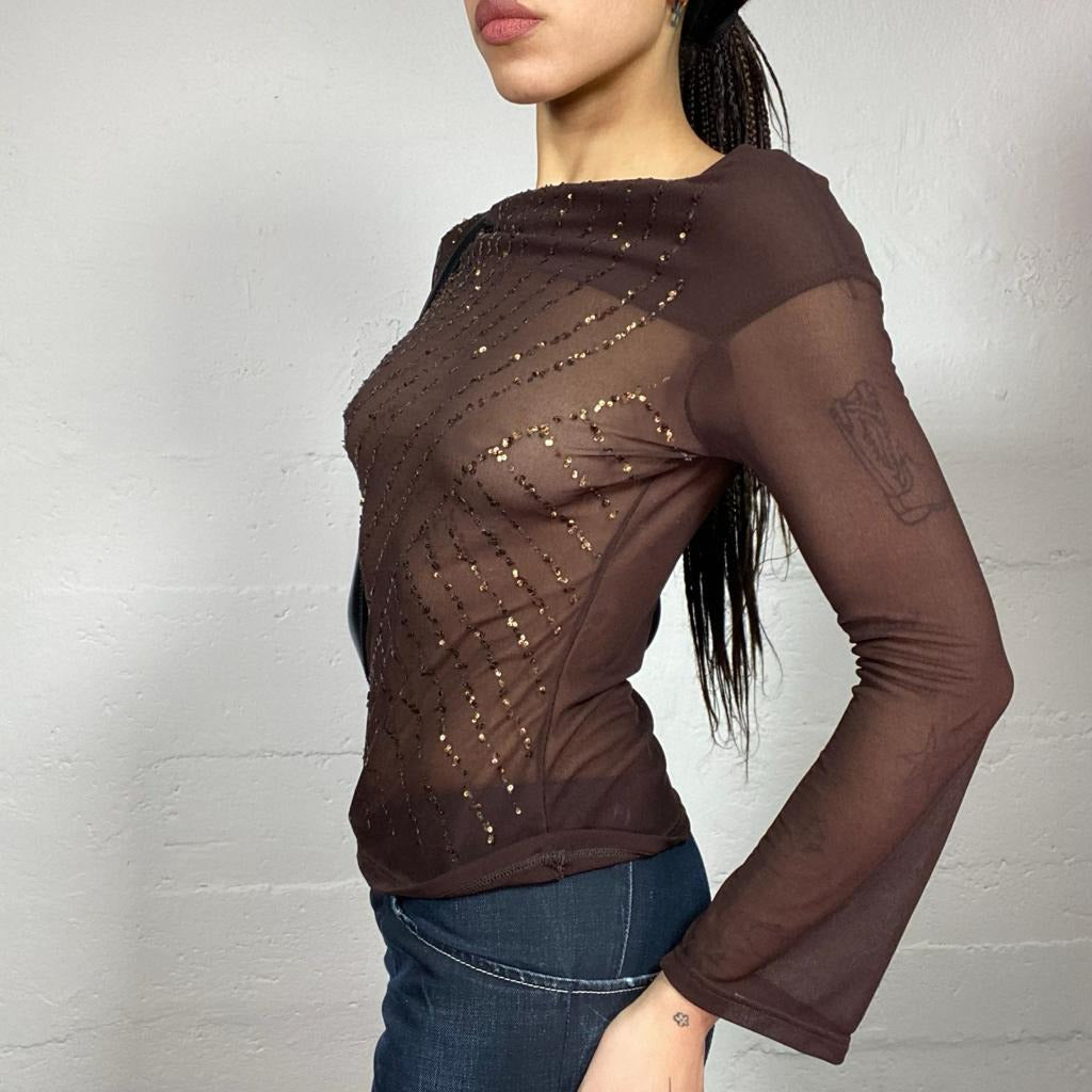 Vintage 90's English It Girl Brown Mesh Longsleeve Top with Decorative Sequins Trims (S/M)